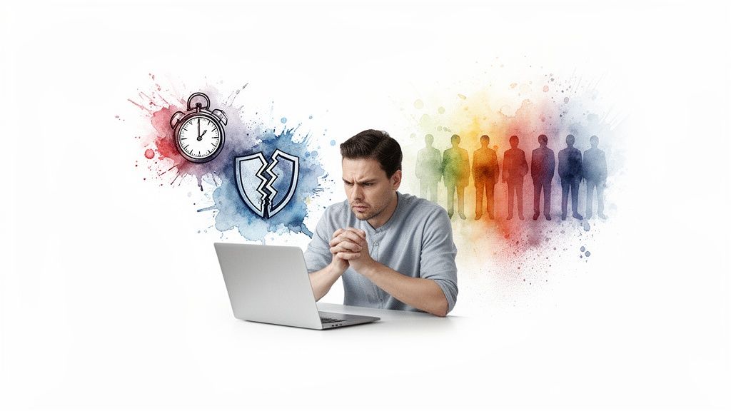 What's the Average Website Maintenance Cost for a Small Business 3 A concerned man using a laptop, surrounded by symbols of time, broken security, and a team.