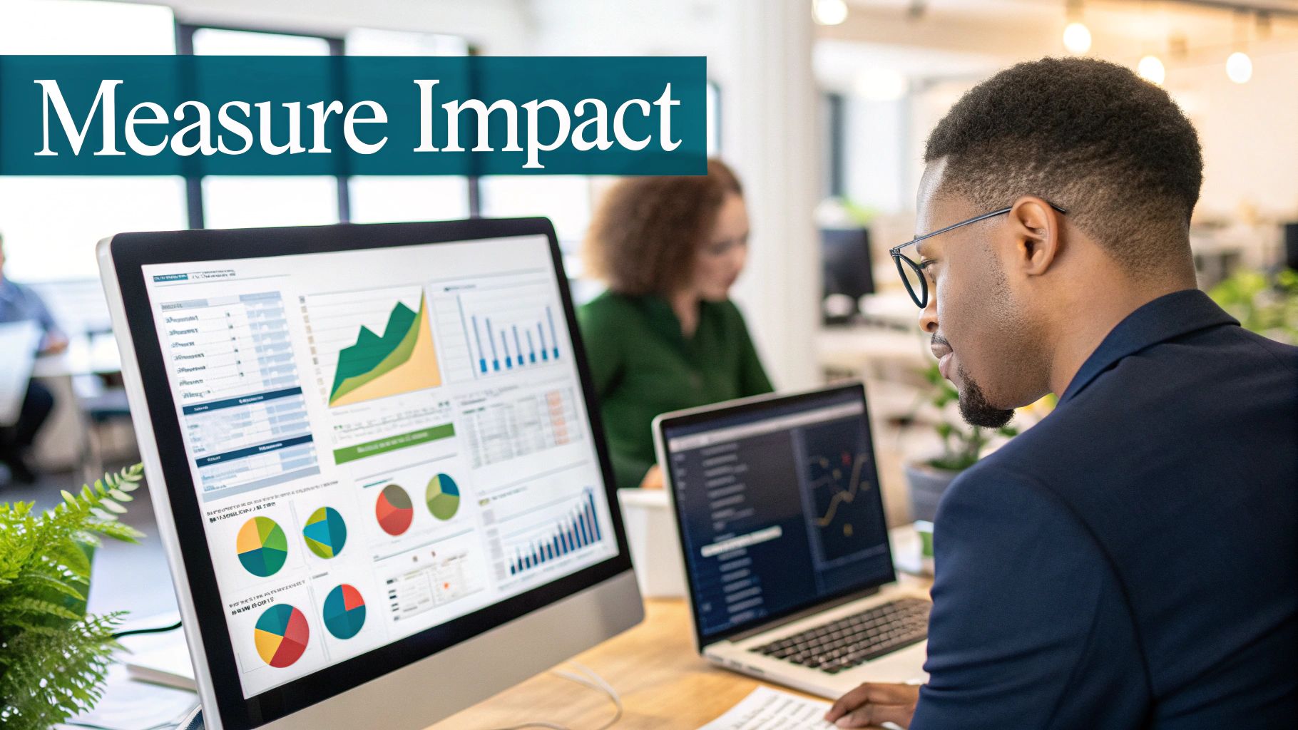 A person sketching a digital marketing plan on a whiteboard, showing interconnected elements like social media, email, and website, with plants growing around it to symbolize sustainability.