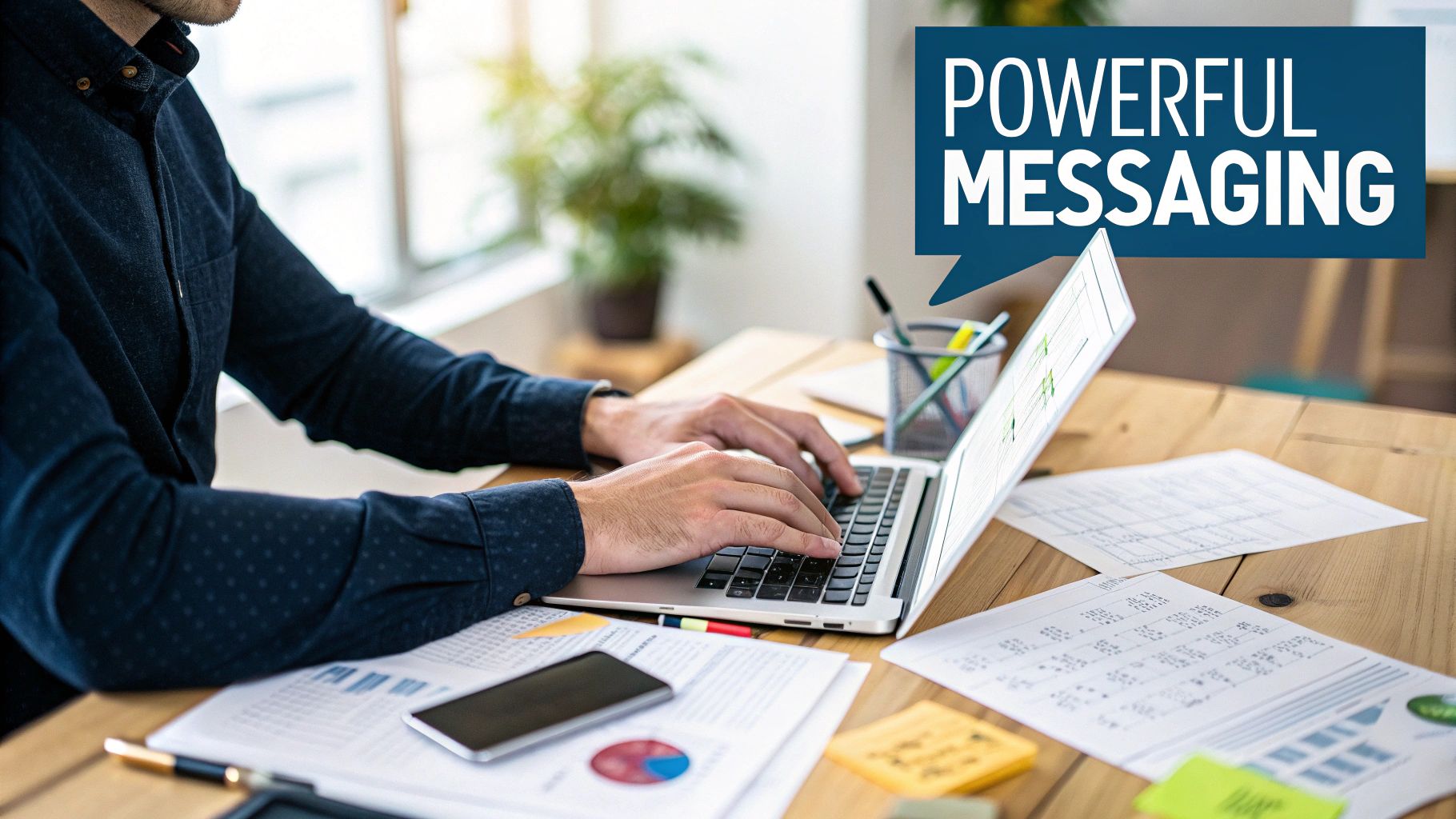 An image showing a person's hands holding a smartphone, with an email inbox open on the screen, surrounded by icons representing community and connection.