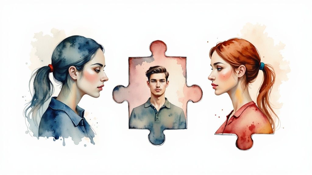 A detailed buyer persona profile laid out on a document, showing different sections for goals, challenges, and demographics.