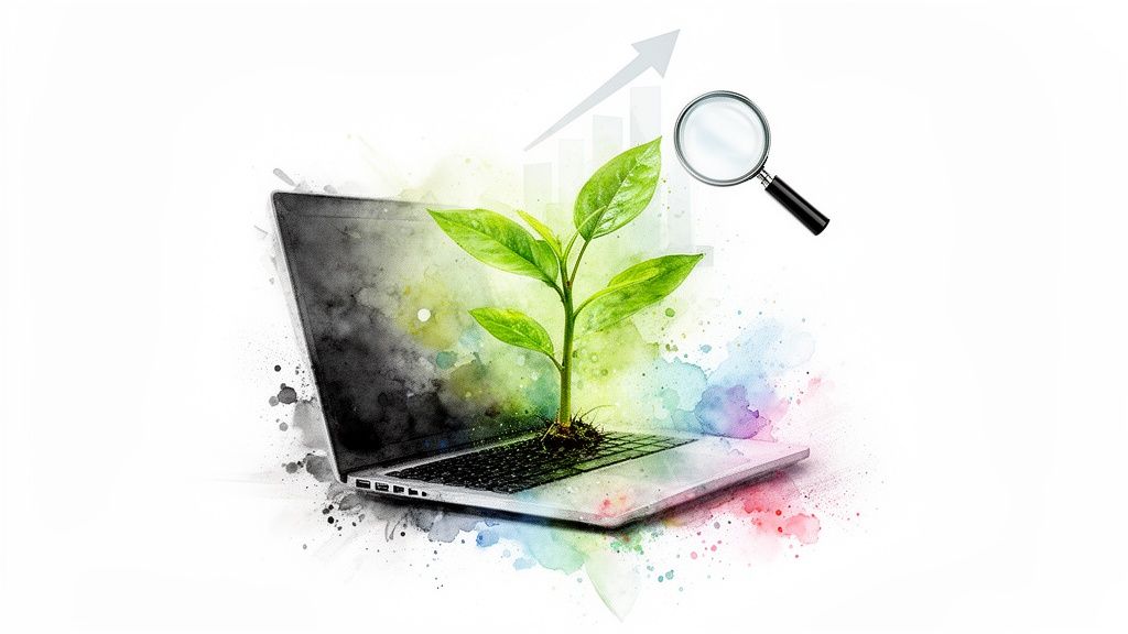 What's the Average Website Maintenance Cost for a Small Business 4 Green plant growing from a laptop with a magnifying glass and growth chart, watercolor style.