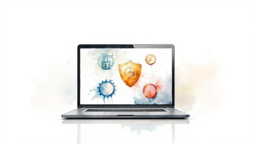 Why is Web Design Important 2 A person working on a secure and accessible website on their laptop, with abstract icons for speed, security, and accessibility floating around the screen.