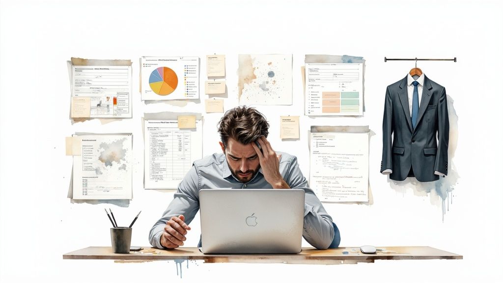 A person looking stressed while working on a laptop surrounded by messy papers and sticky notes.