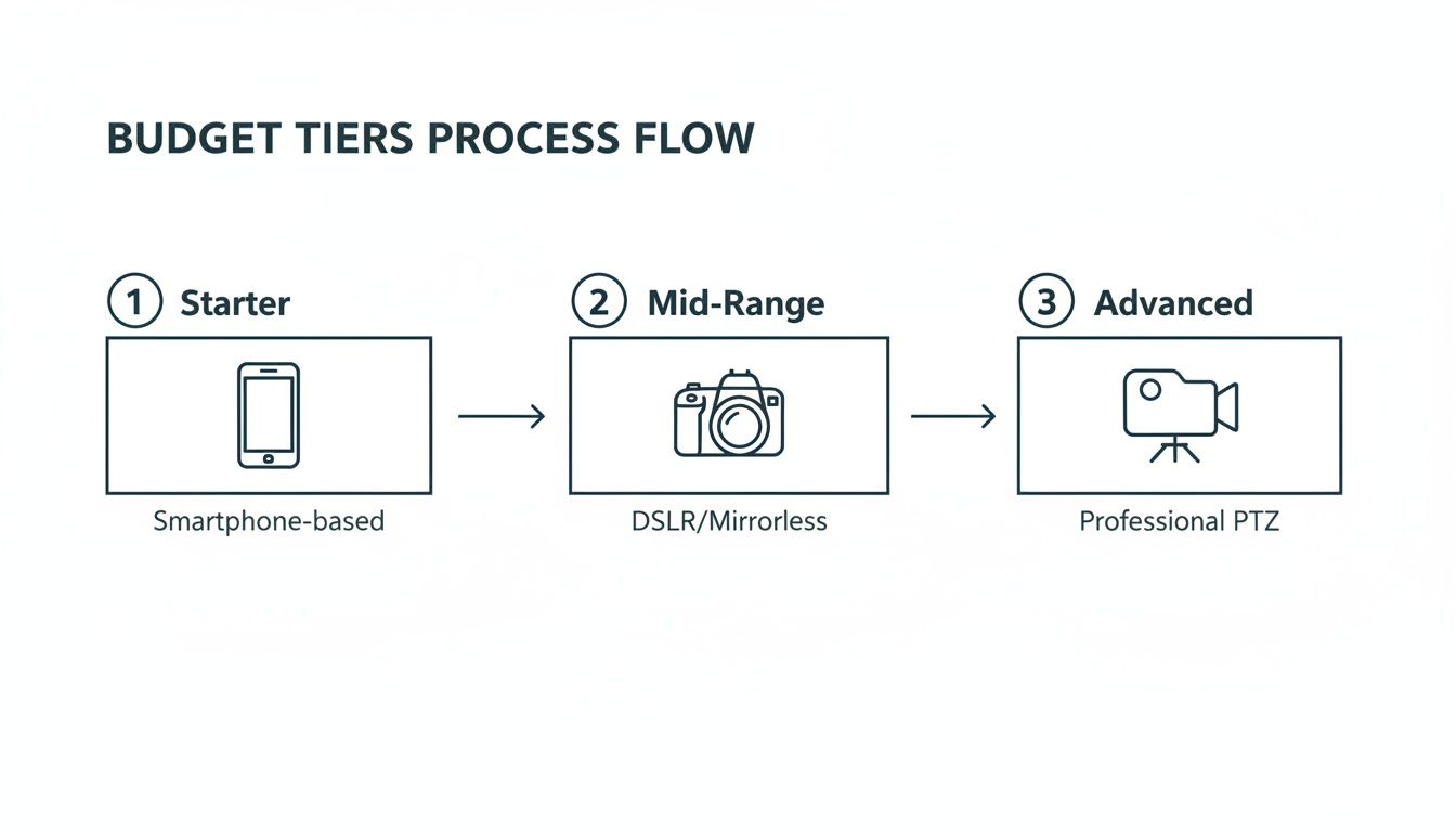 Budget tiers process flow for live streaming equipment, showing starter smartphone, mid-range DSLR/mirrorless, and advanced PTZ camera setups.