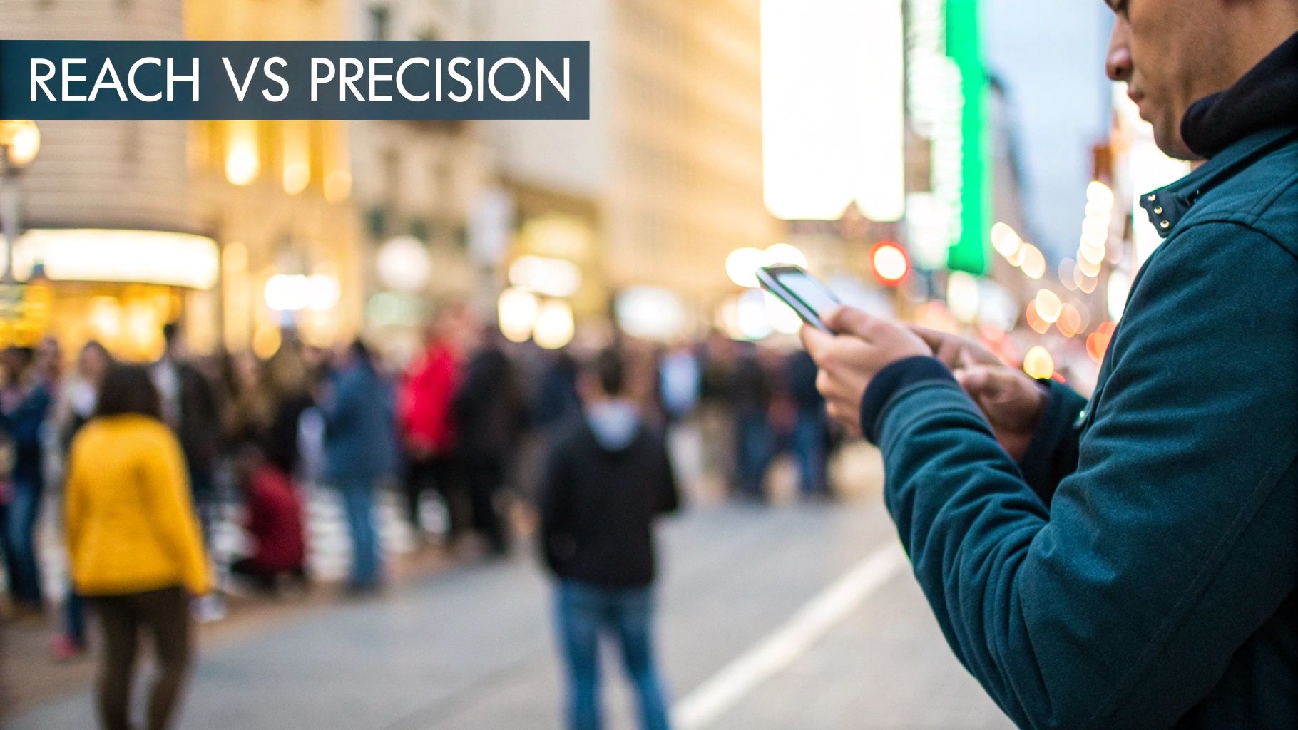 Man using a smartphone on a busy city street, with 'REACH VS PRECISION' text overlay.