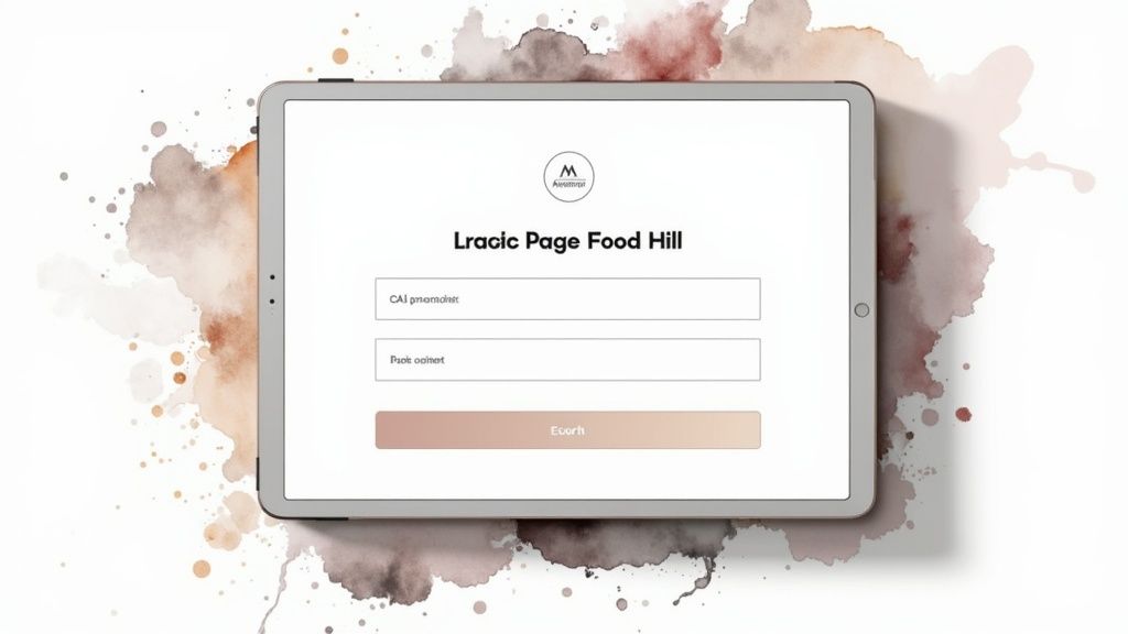 Tablet displaying Lracie Page Food Hill login interface with watercolor background illustration