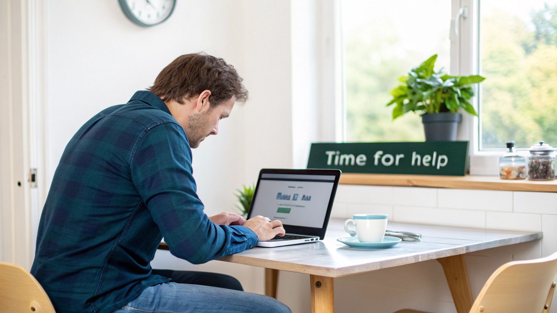 A man working on a laptop at a kitchen table with a coffee cup and window view.