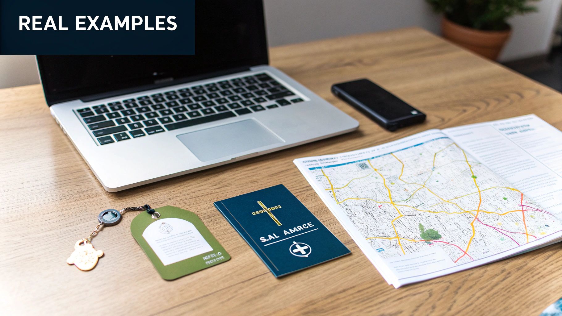 A flat lay of a wooden desk with a laptop, smartphone, map, and religious booklet.