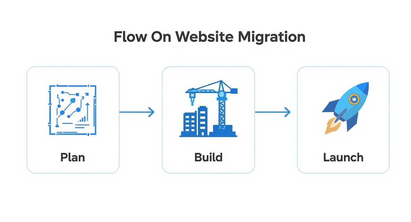 A three-step diagram illustrating the website migration process: Plan, Build, and Launch with corresponding icons.