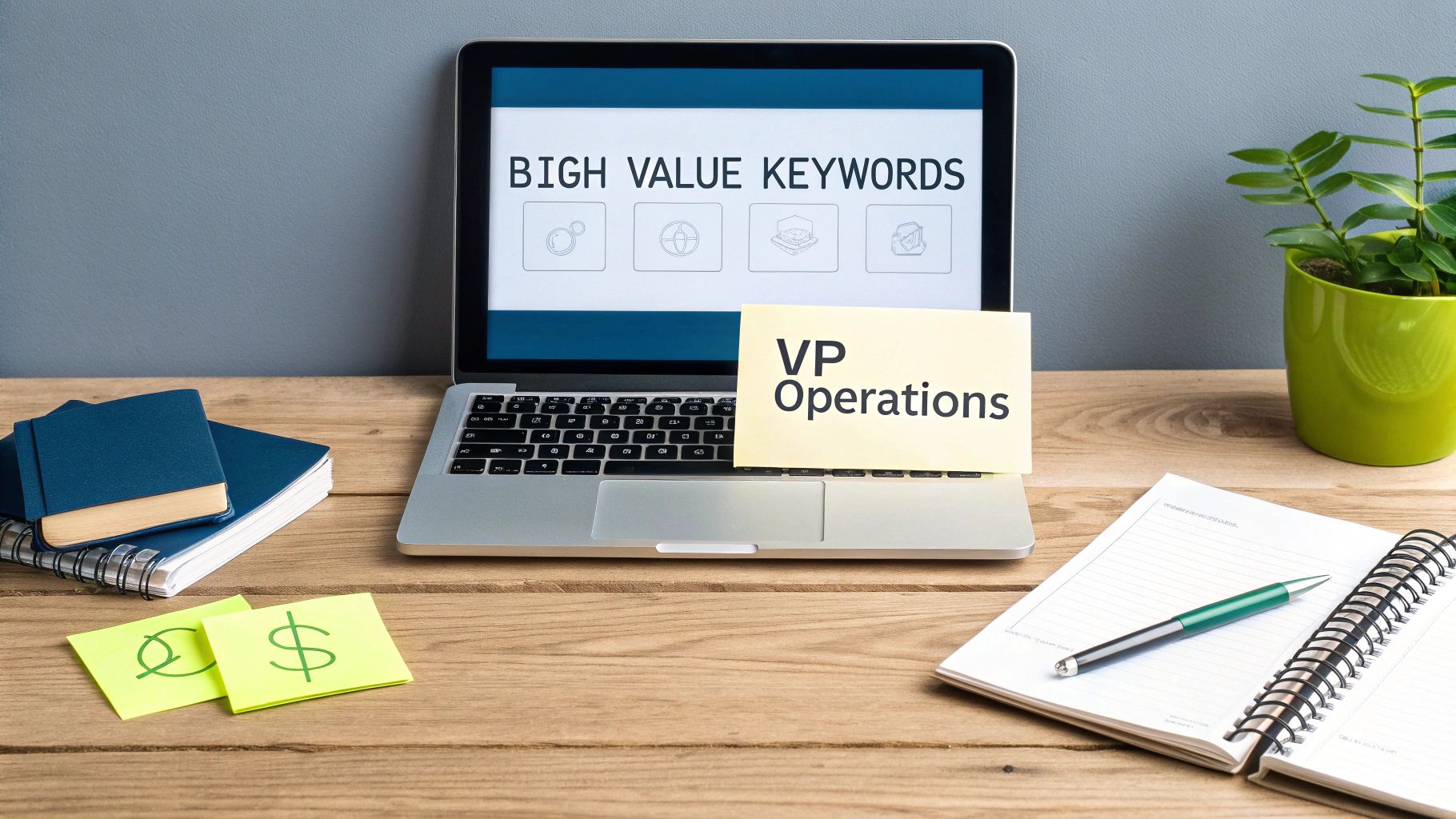 A business desk with a laptop showing 'BIGH VALUE KEYWORDS' and a 'VP Operations' sticky note.