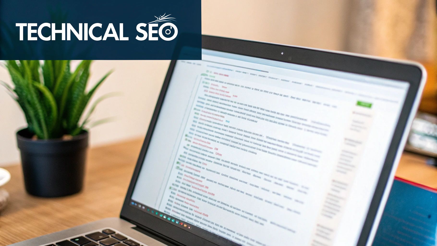 A laptop displaying technical SEO code on screen, with a banner stating 'TECHNICAL SEO' on a dark blue background.
