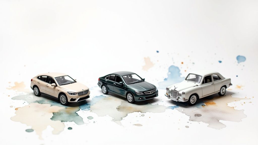 Three toy cars, including a beige coupe, a green sedan, and a white classic car, on a white surface with watercolor art.