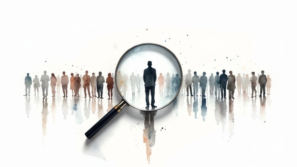 A magnifying glass focusing on a specific person in a crowd, symbolizing precision targeting in marketing.