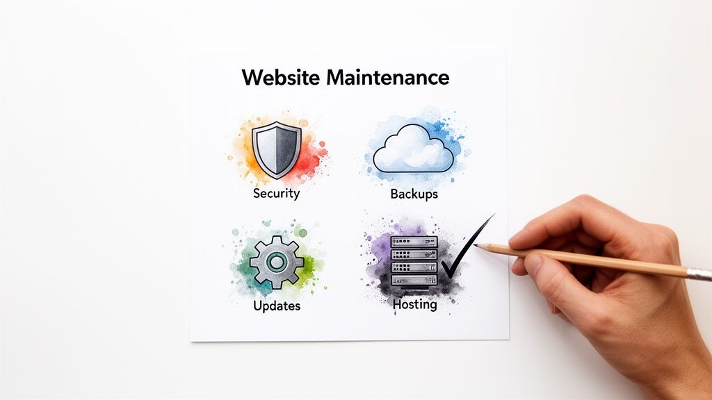 What's the Average Website Maintenance Cost for a Small Business 2 A graphic outlining key aspects of website maintenance: security, backups, updates, and hosting, with a hand drawing a checkmark.