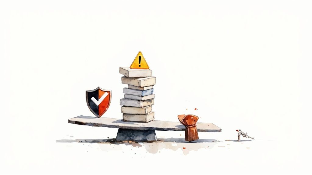 what is cms platform and how to choose one effectively 4 Watercolor illustration of a seesaw balancing security shield, stacked books, warning sign, and a small figure pulling.