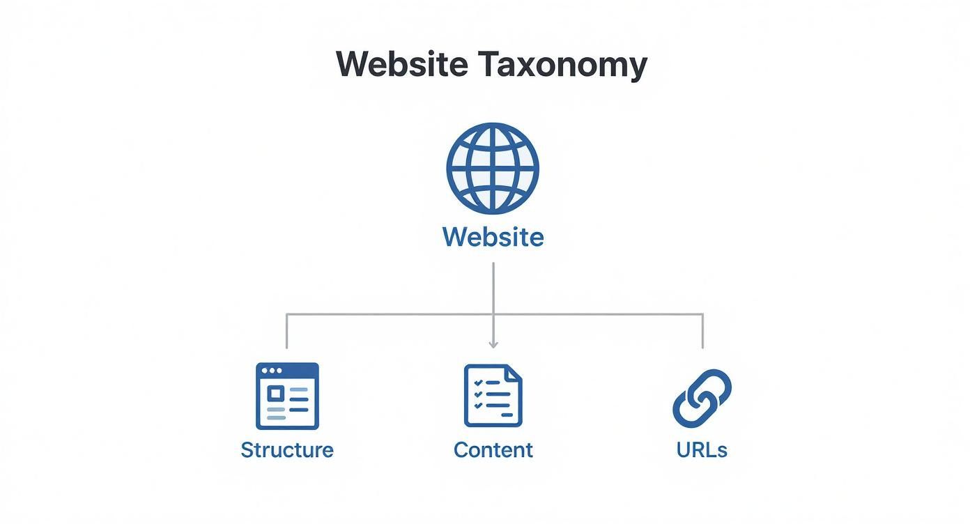 A diagram illustrating website taxonomy, showing Website branching into Structure, Content, and URLs, each with an icon.