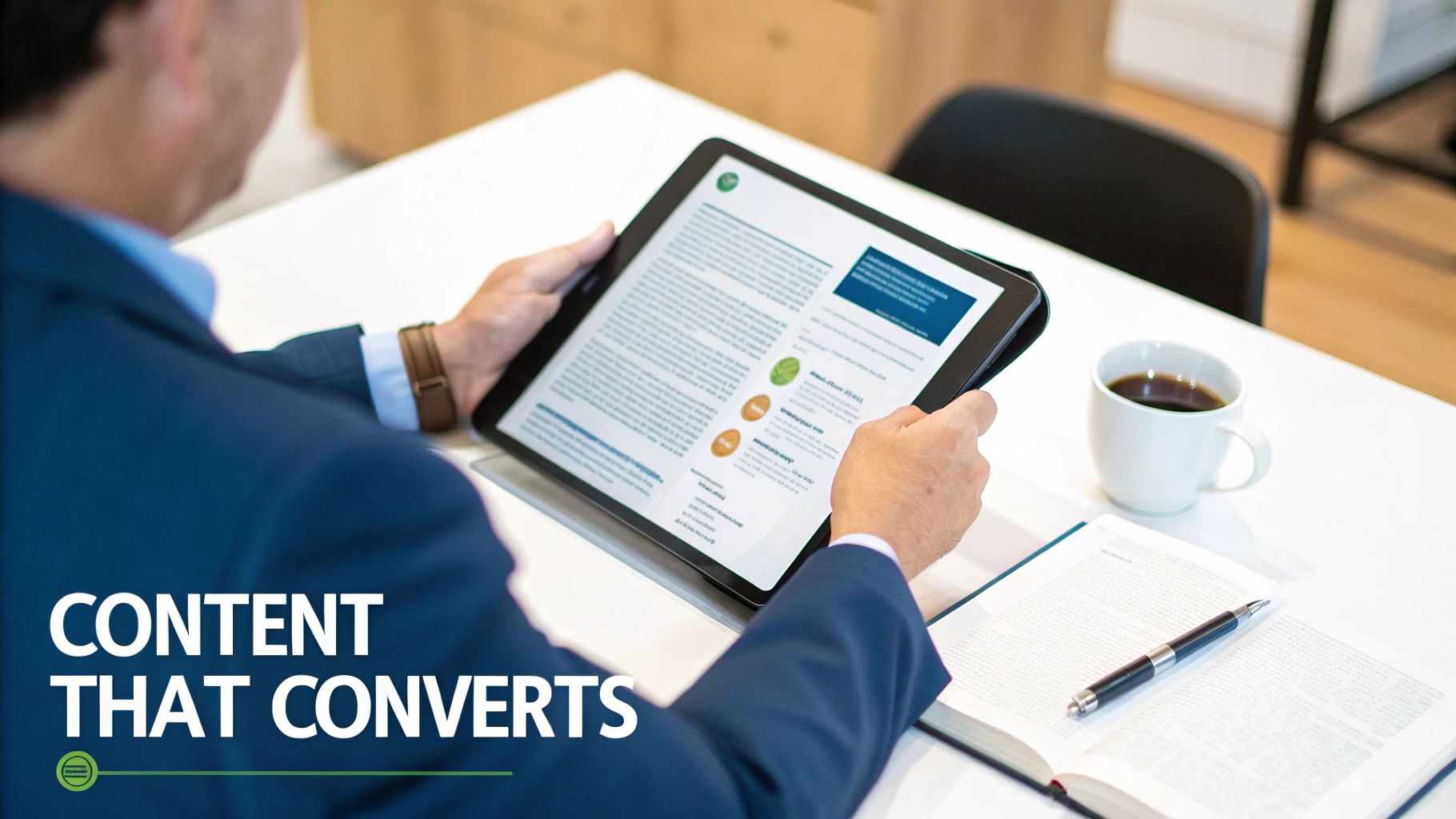 A person in a blue suit reads a document on a tablet, with coffee and a book on a white table.