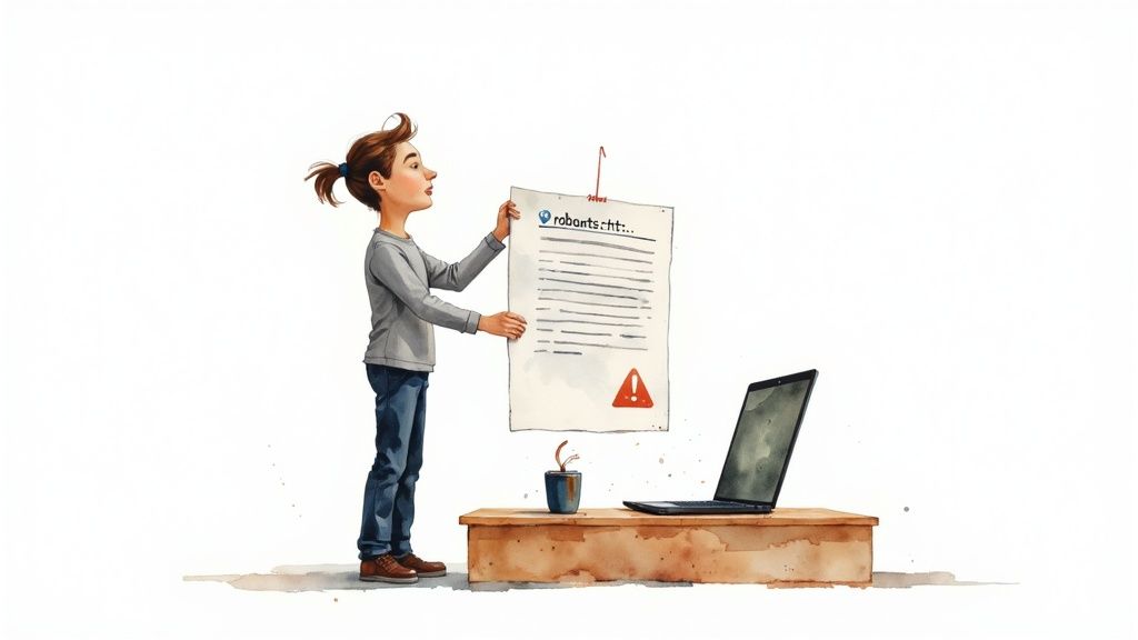 Woman holding robots.txt file with warning symbol next to laptop on wooden desk