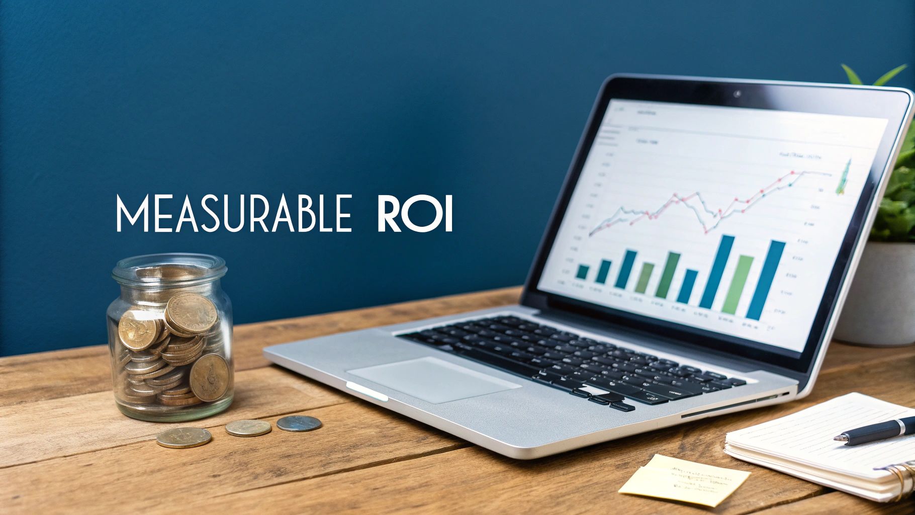 Laptop displaying financial charts next to a coin jar, with 'MEASURABLE ROI' text on a blue wall.
