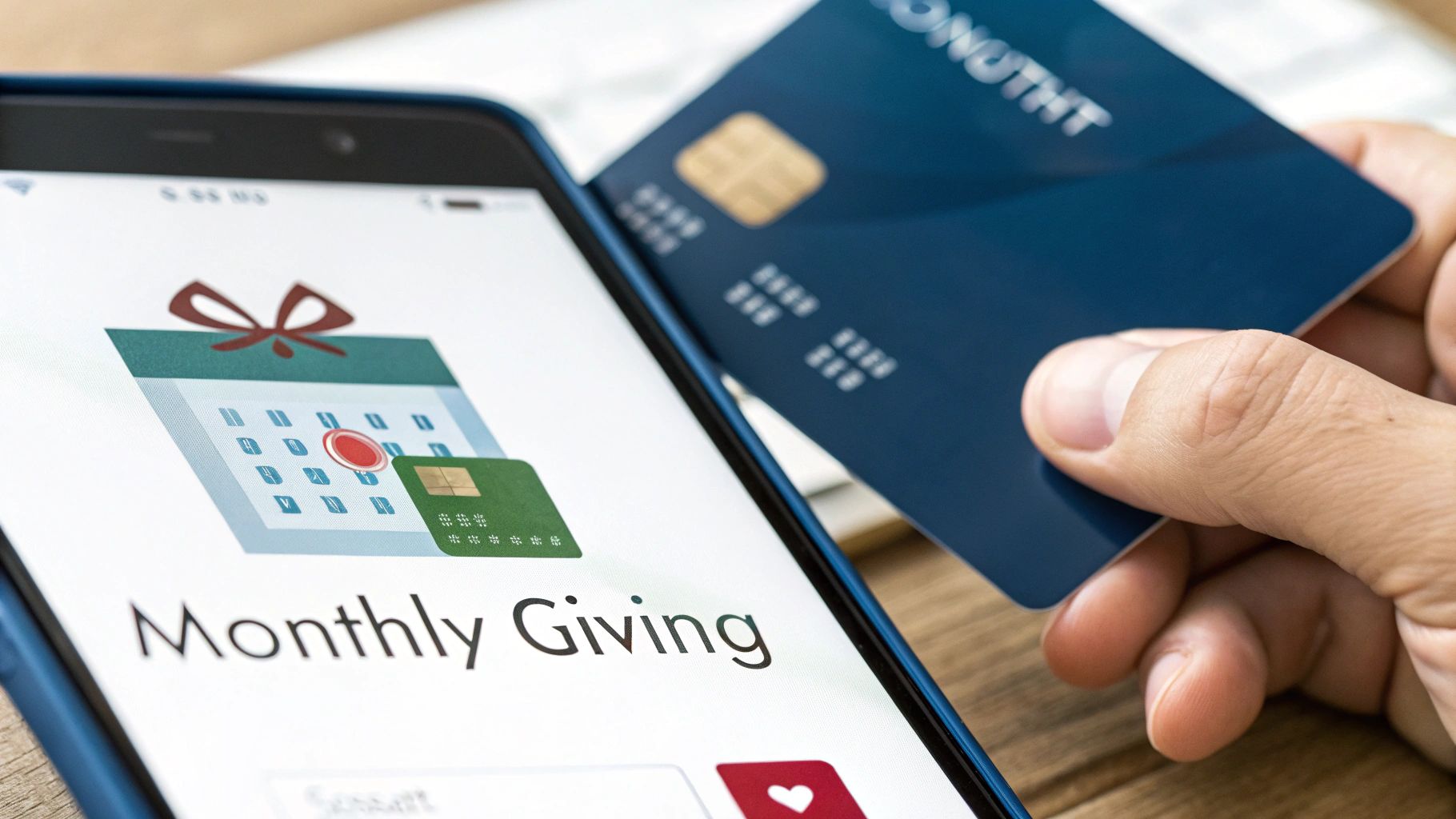 A person holds a credit card while interacting with a 'Monthly Giving' app on a smartphone, indicating online donations.