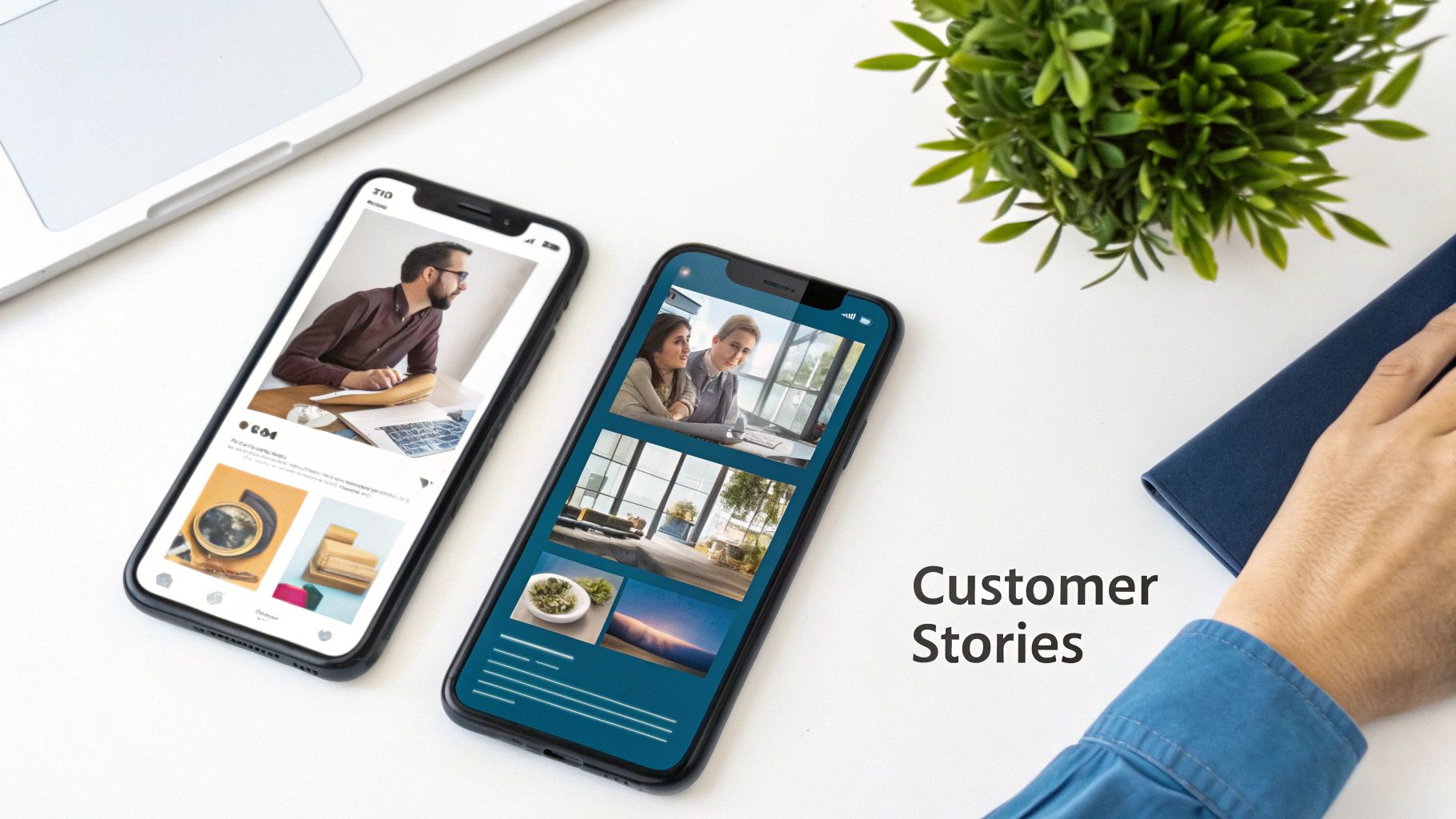 Two smartphones on a white desk display social media feeds and various digital content, with a laptop and plant.