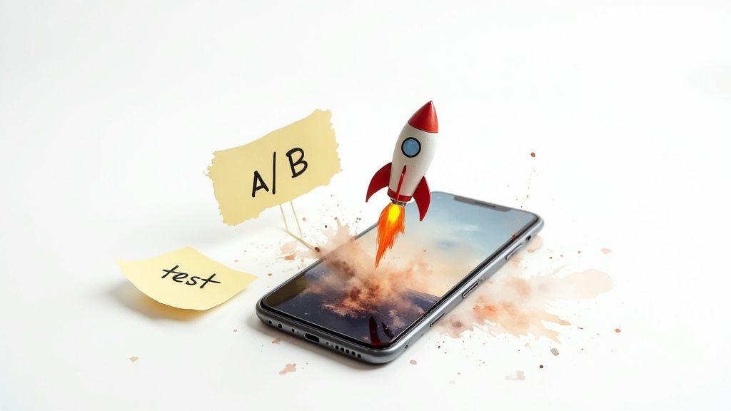 10 Startup Marketing Strategies That Won’t Make You Go Broke 2 A rocket launching from a smartphone, with 'A/B' and 'test' notes, representing mobile app testing and growth.
