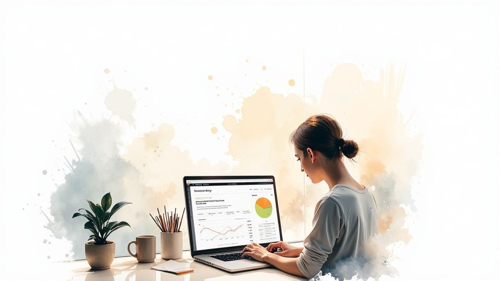 what is cms platform and how to choose one effectively 1 A young woman focused on her laptop, displaying charts and data, in a creative workspace.