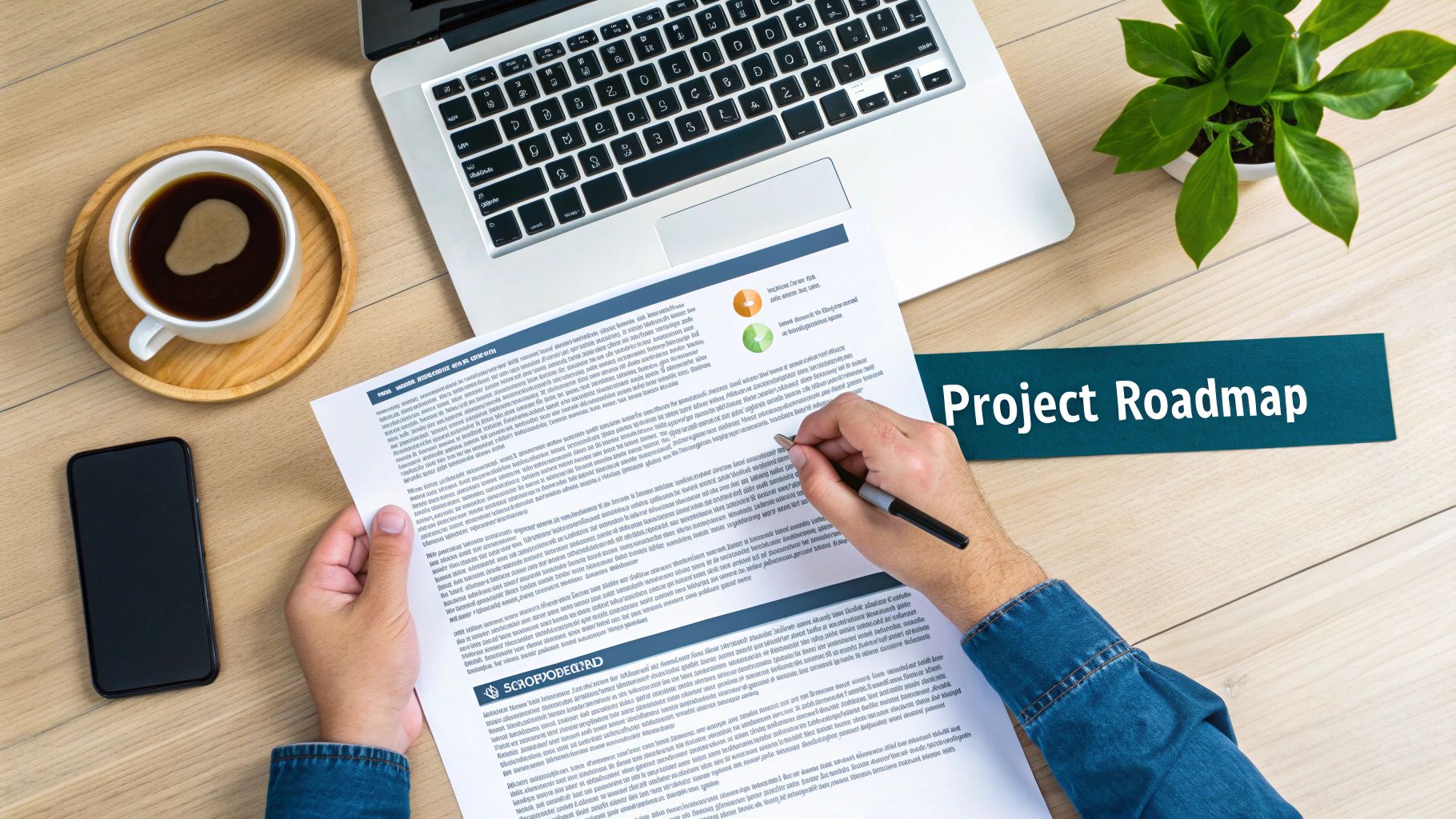 Overhead shot of hands writing on a project roadmap document on a wooden desk with a laptop and coffee.