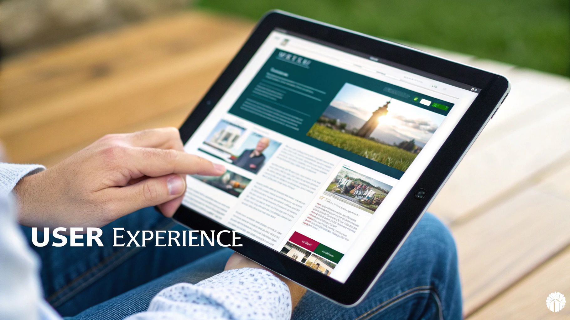 Close-up of hands using a tablet to browse a website, with 'USER EXPERIENCE' text overlay.