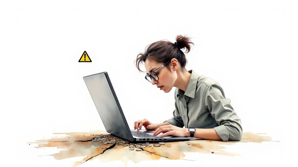 cost of maintaining a website: True cost revealed 2 A person looking stressed while working on a laptop, surrounded by scattered papers and coffee cups.