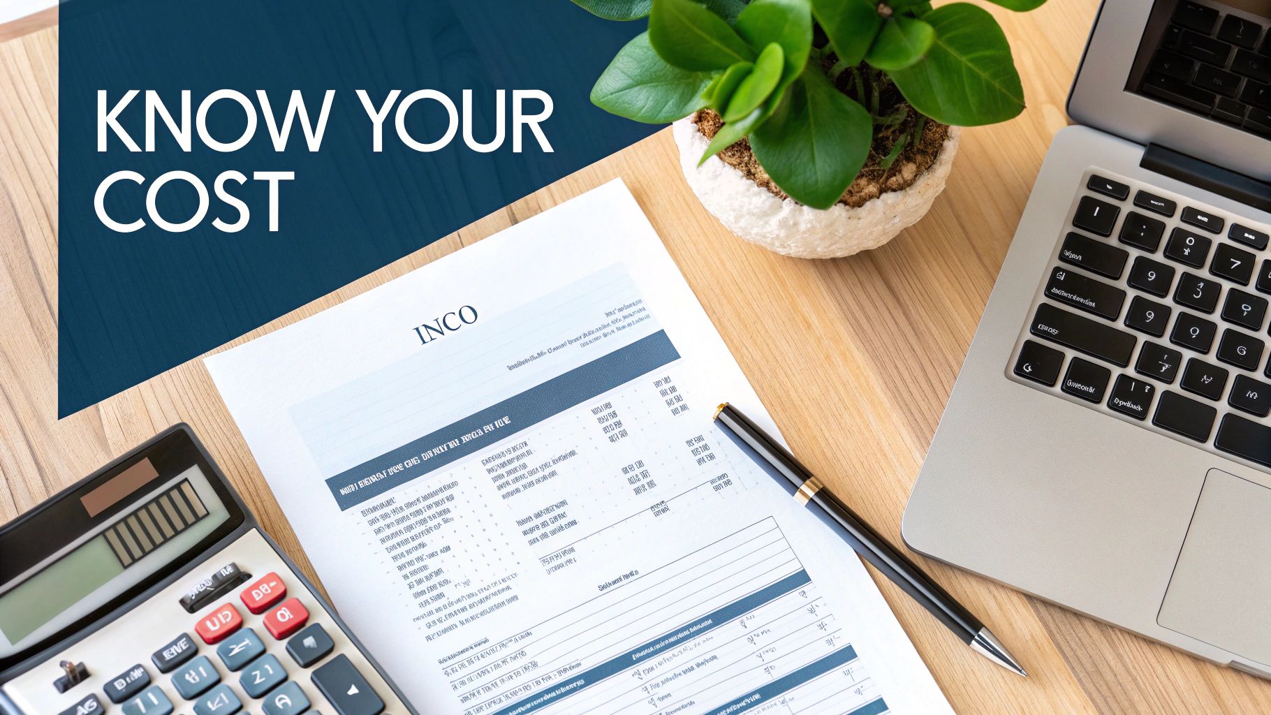 Desk with 'Know Your Cost' text, calculator, laptop, financial document, and a plant for cost analysis.
