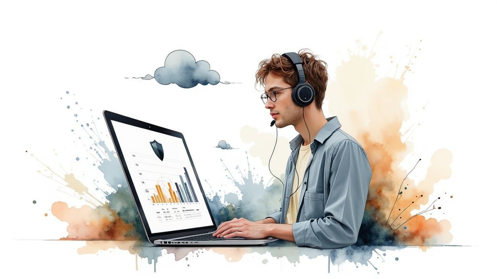 A man with headphones and mic works on a laptop showing cybersecurity charts and shield icon.