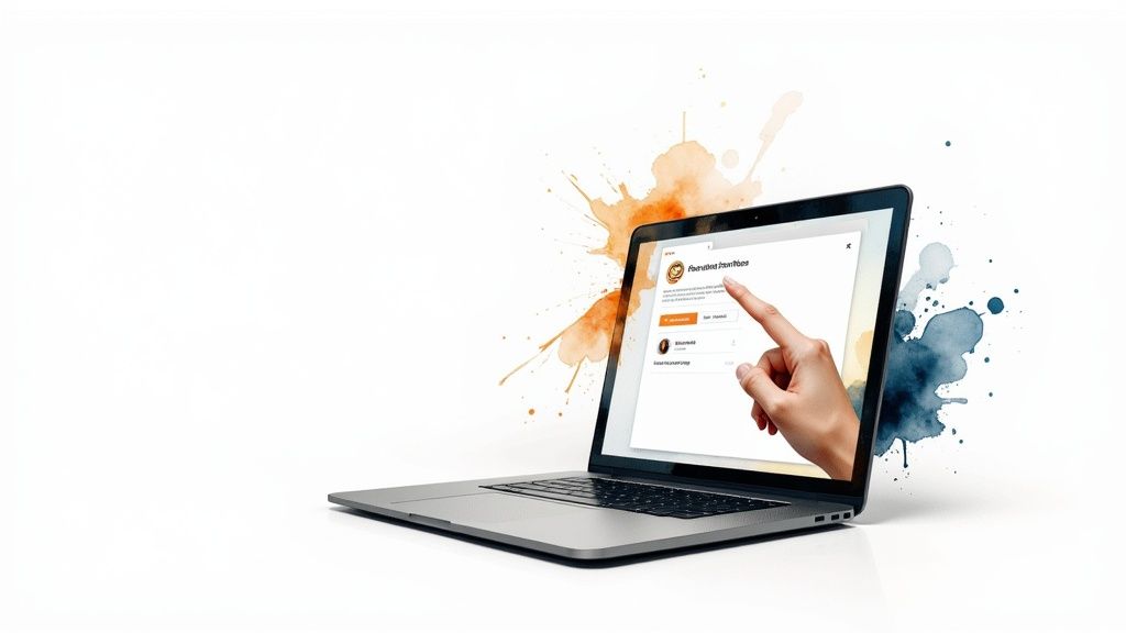 10 Startup Marketing Strategies That Won’t Make You Go Broke 1 A hand reaches out of a laptop screen, interacting with a digital application, surrounded by watercolor splashes.