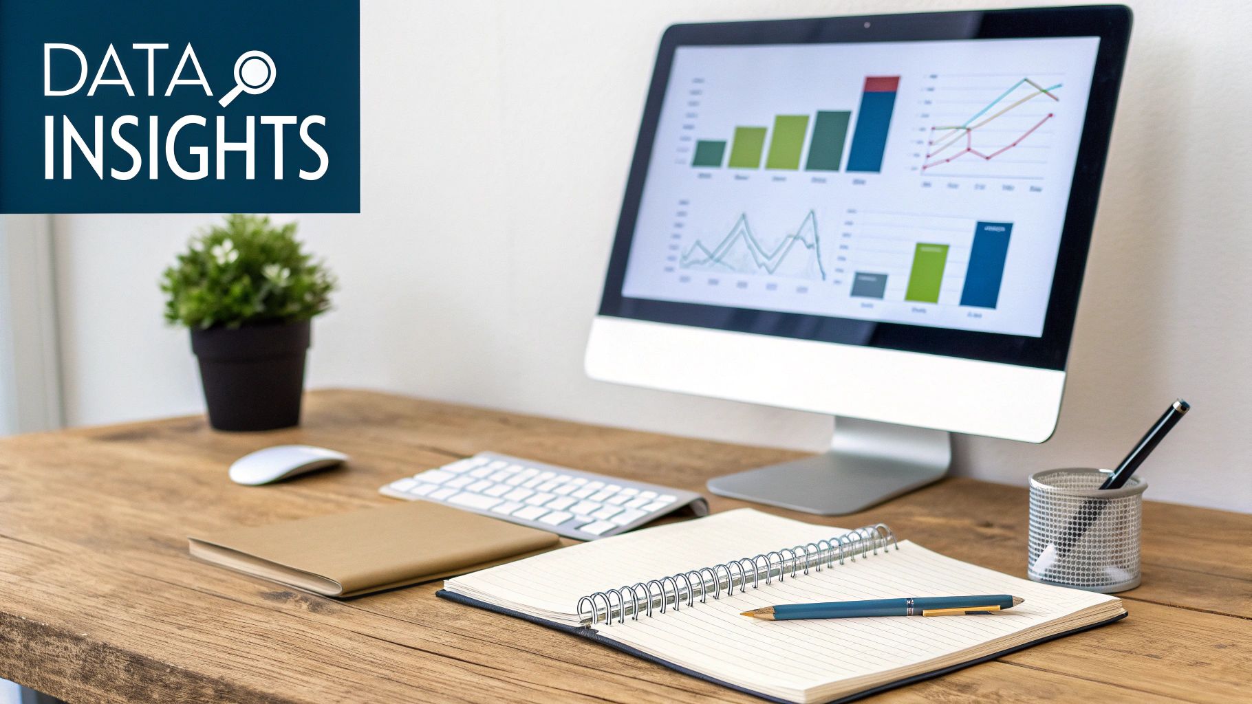 A desk with a computer displaying data insights, charts, and graphs, alongside notebooks and a plant.