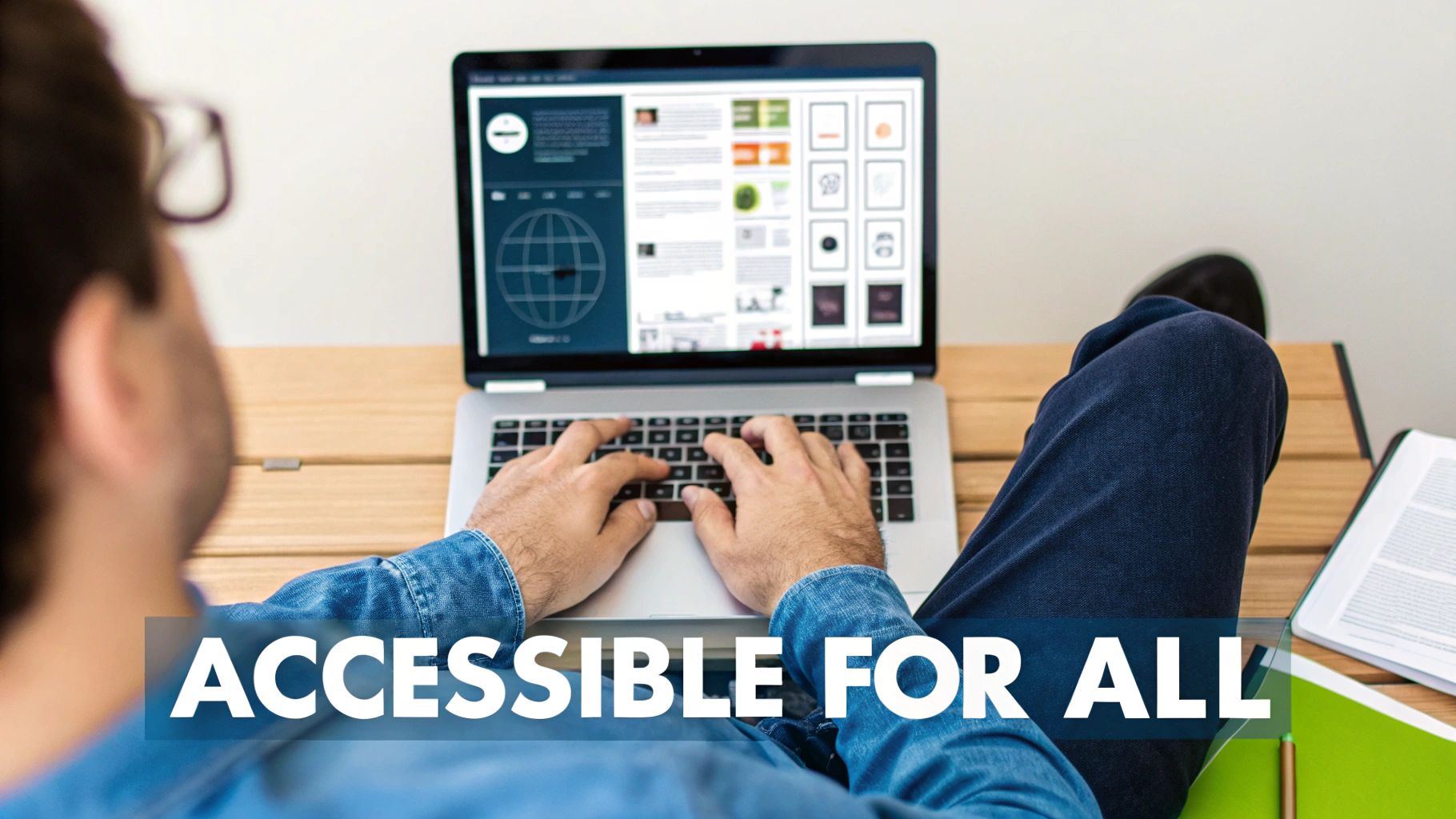 Your Website Shouldn't Feel Like a Puzzle Box from Hell 3 Person typing on a laptop showing website content, with a prominent 'ACCESSIBLE FOR ALL' text overlay.