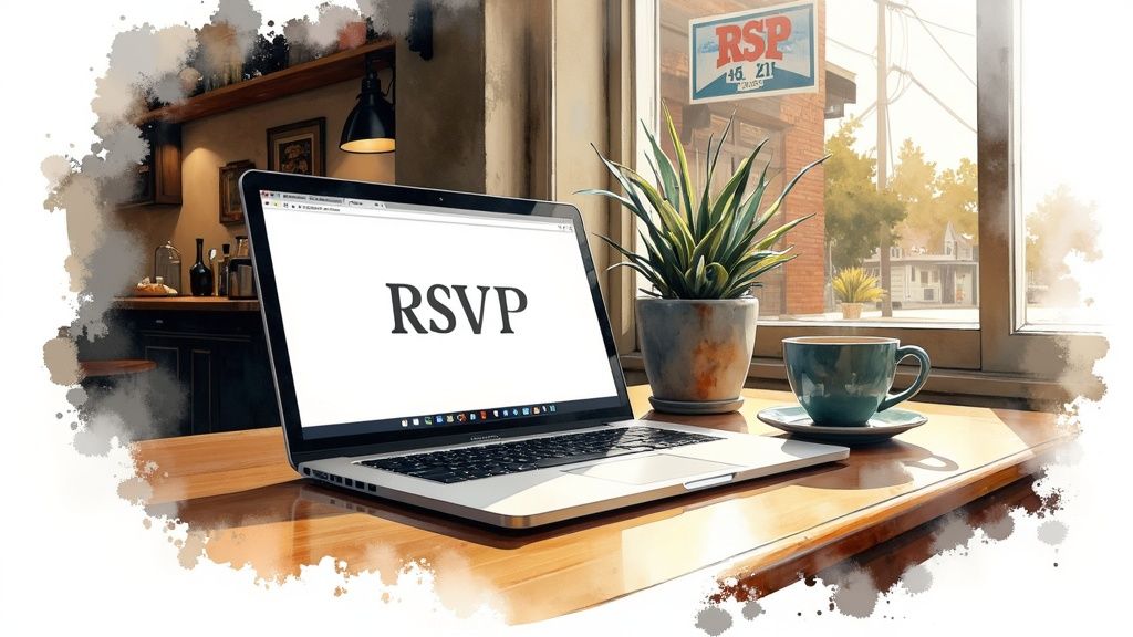 Laptop displaying RSVP text on wooden desk with coffee cup and plant by window