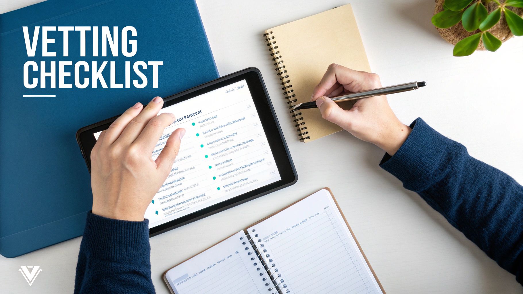 A top-down view of a workspace with hands interacting with a vetting checklist on a tablet and writing in a notebook.