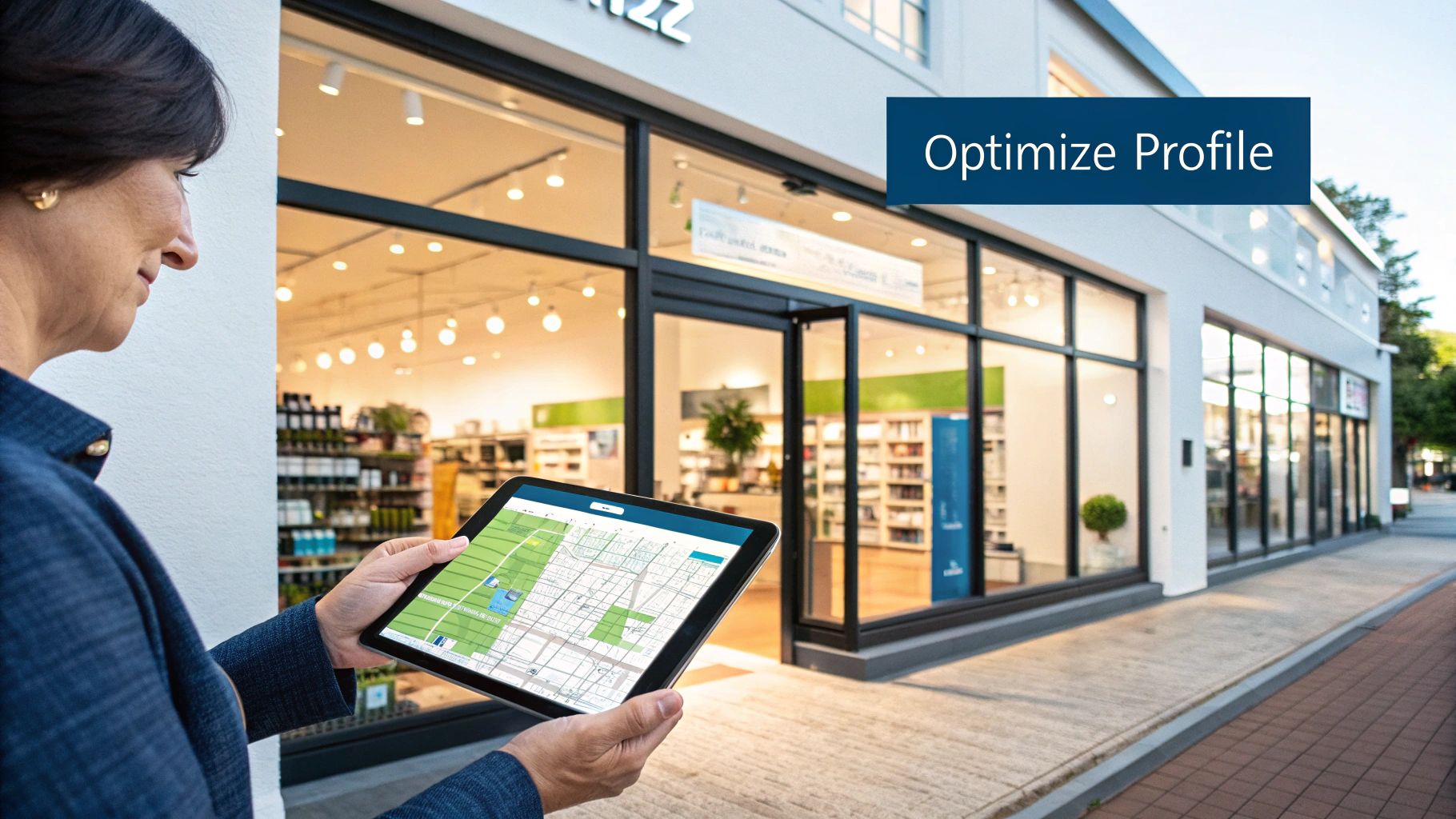 A close-up of a smartphone screen showing a Google Business Profile with highlighted sections for photos, reviews, and directions.