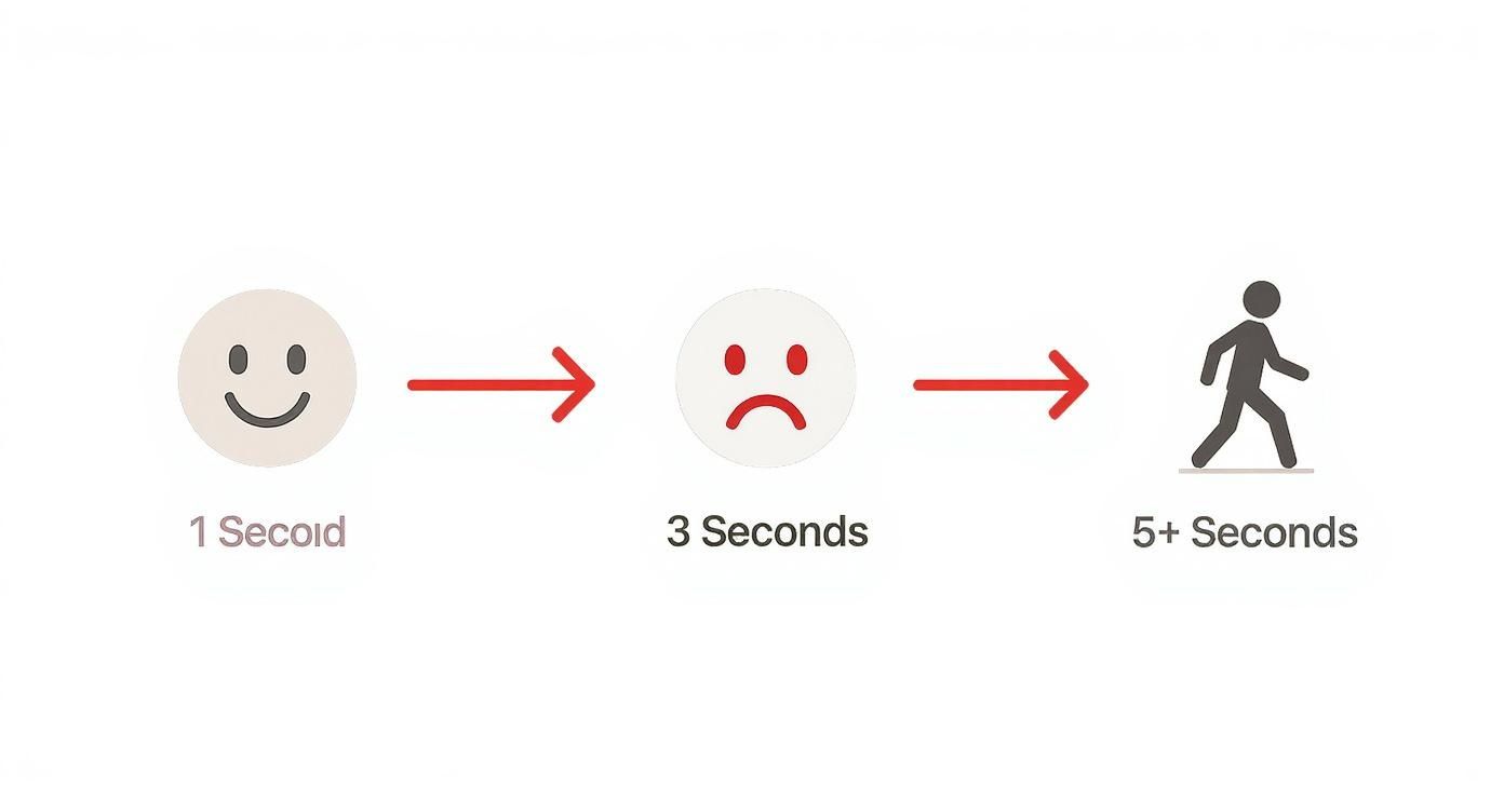 Infographic showing user satisfaction decreasing with page load time: happy (1s), sad (3s), user leaves (5+s).