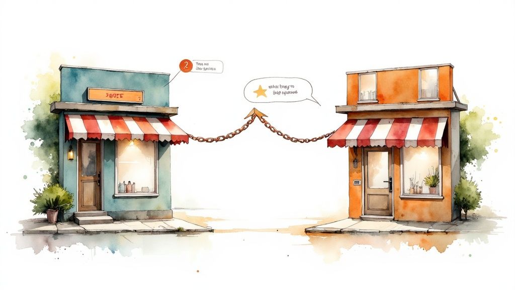 Two people shaking hands over a table, representing a trustworthy agreement or partnership, with digital network icons floating above them.