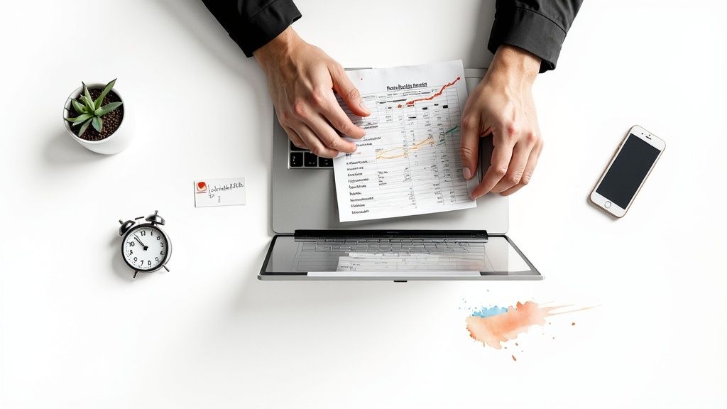 A person at a desk looking overwhelmed, with scattered papers and a look of frustration.