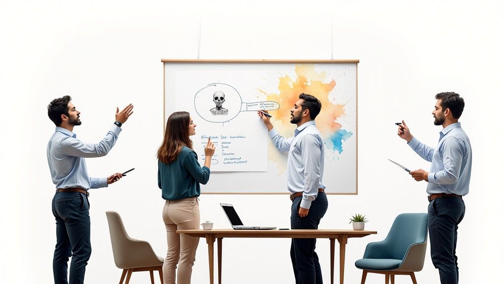 magnifying glass focusing on a gear in a machine, symbolizing finding the right spot for AI