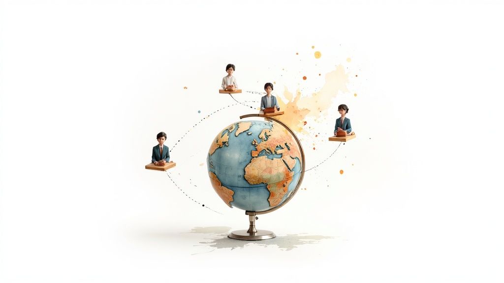 A world map with interconnected nodes, visualizing how a CDN distributes a website's content globally.