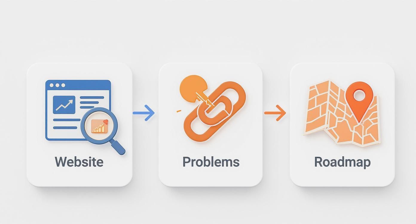 Website SEO Audit Services That Actually Make Sense 1 Process of website SEO audit: analyzing website data, identifying issues, and developing a strategic roadmap.