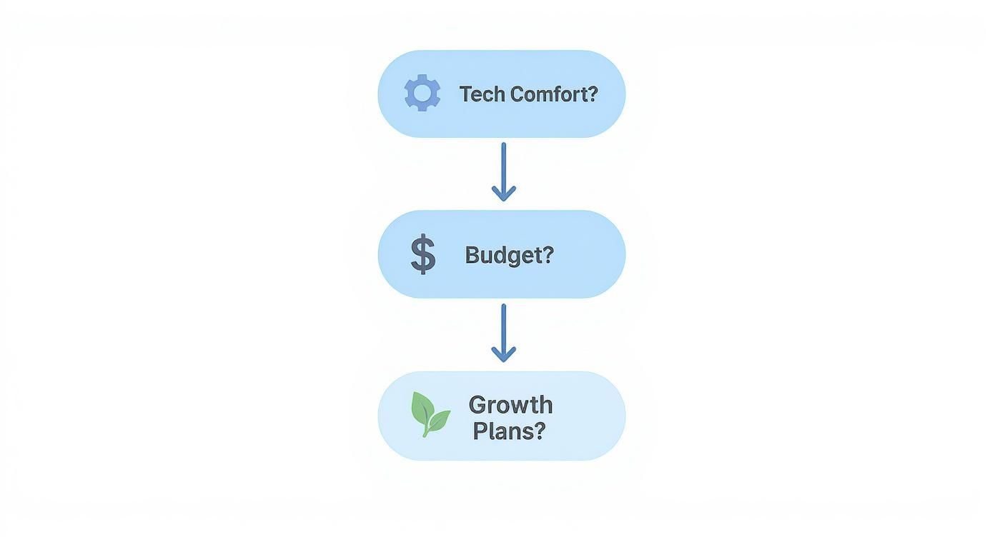 what is cms platform and how to choose one effectively 3 A vertical flowchart illustrating three key considerations: Tech Comfort, Budget, and Growth Plans.