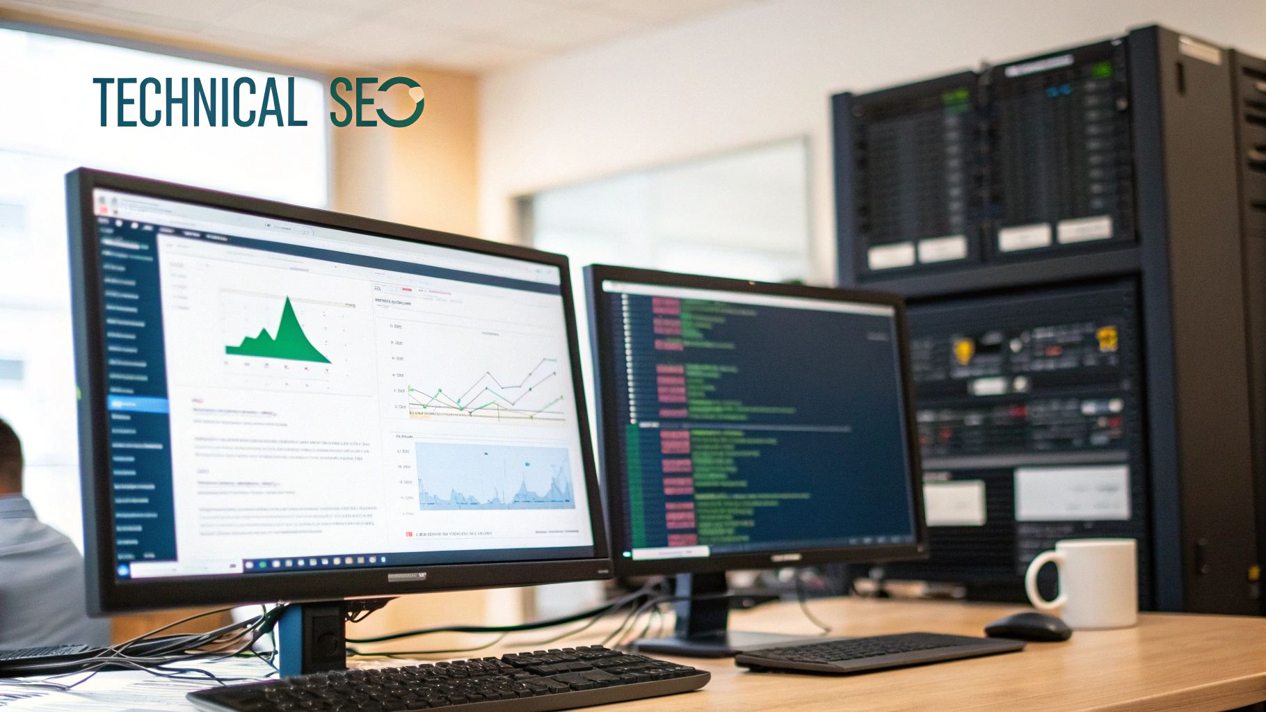 Dual monitors displaying SEO analytics and programming code, with server racks in a technical SEO office.