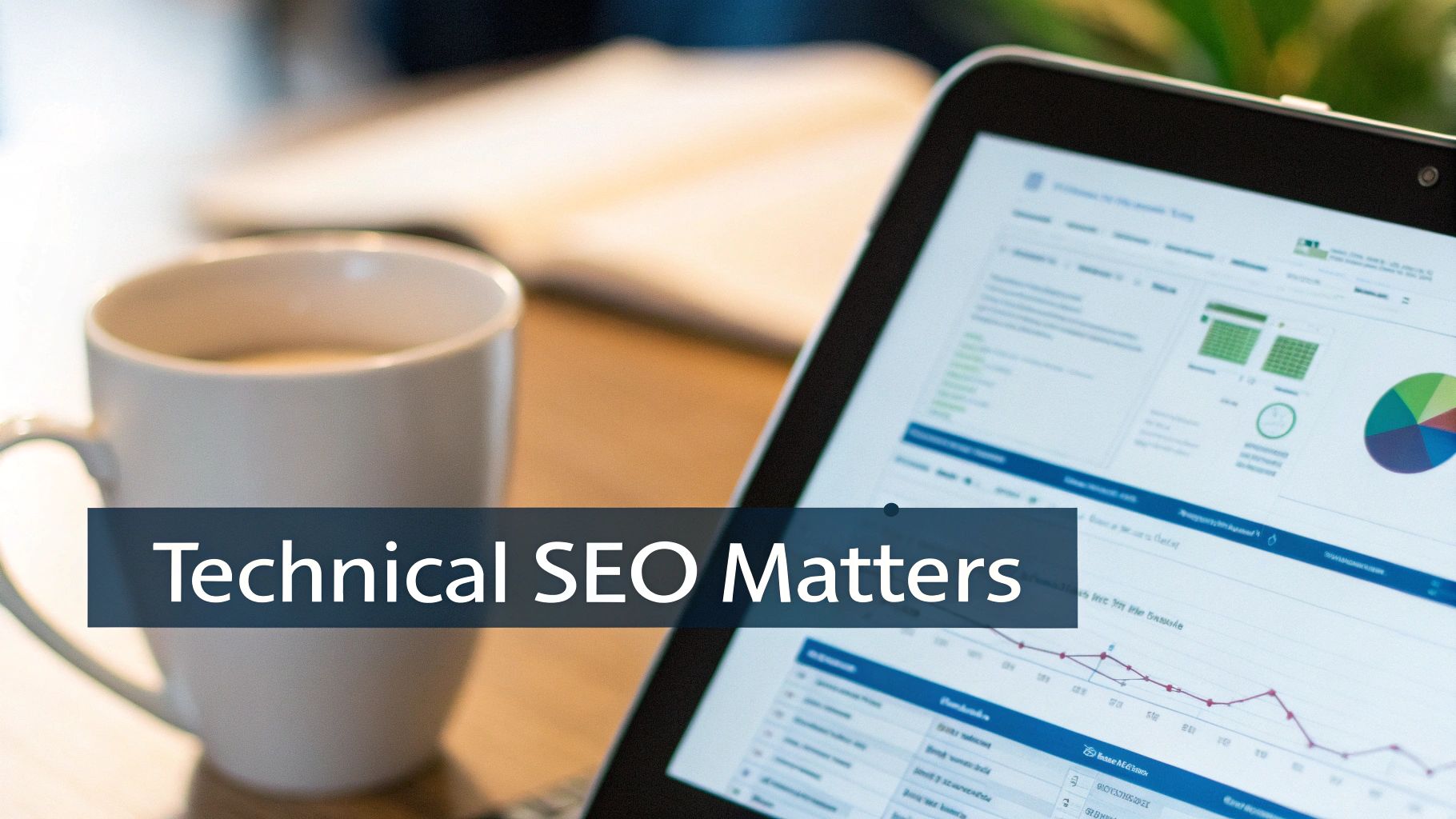 A tablet displaying SEO analytics and charts, with a coffee cup and the text 'Technical SEO Matters' overlay.