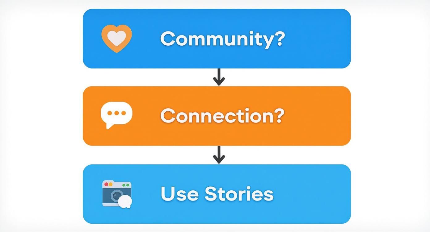 Reel vs Stories The Ultimate Instagram Showdown 3 Infographic decision tree asking 'Community?' then 'Connection?' leading to 'Use Stories'.