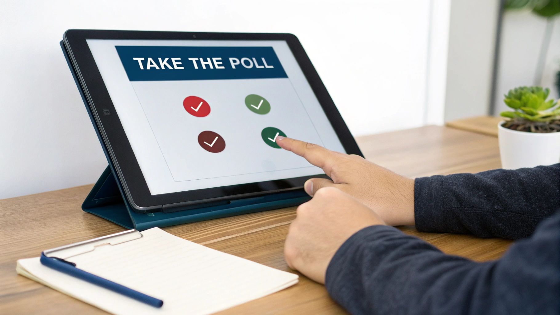 A person's hand taps a green checkmark on a tablet displaying 'TAKE THE POLL' for a survey.