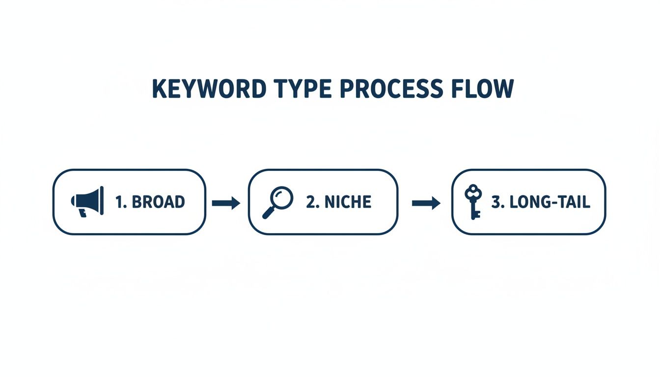 Flowchart illustrating the progression of keyword types: Broad, Niche, and Long-Tail.